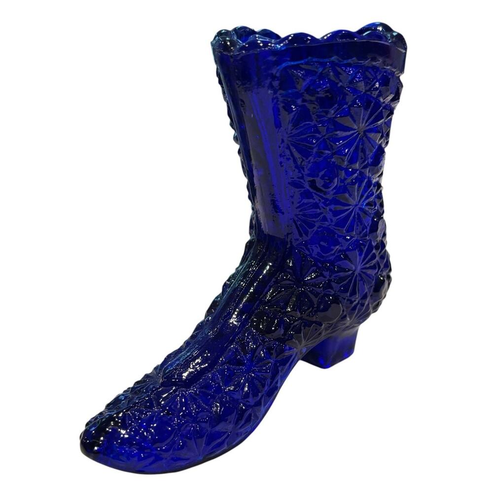 Vintage Fenton Glass Deep Cobalt Blue Daisy & Buttons Tall Mini Boot